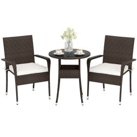 3-Piece Patio Furniture Set PE Rattan Wicker Chairs with Tempered Glass Top Table
